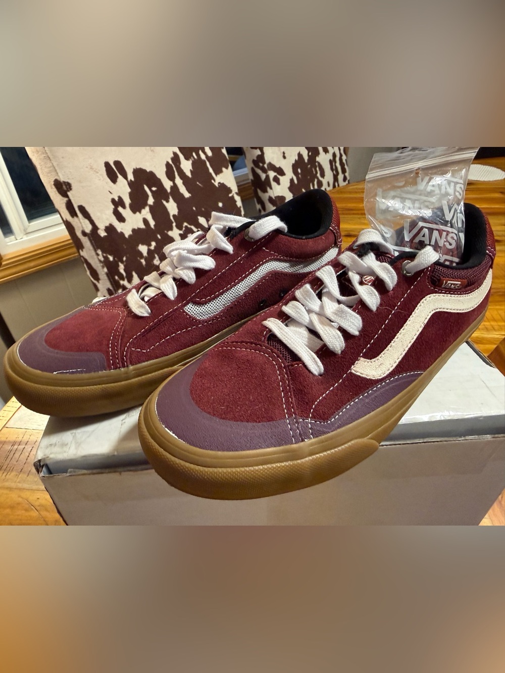 Vans Maroon and White Suede Skate Shoes with Gum Sole